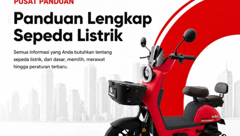 Panduan lengkap sepeda listrik Octopus Premium dengan ilustrasi sepeda listrik merah, informasi dasar, pemilihan, perawatan, dan regulasi.