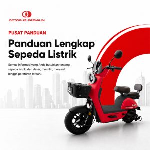 Panduan lengkap sepeda listrik Octopus Premium dengan ilustrasi sepeda listrik merah, informasi dasar, pemilihan, perawatan, dan regulasi.